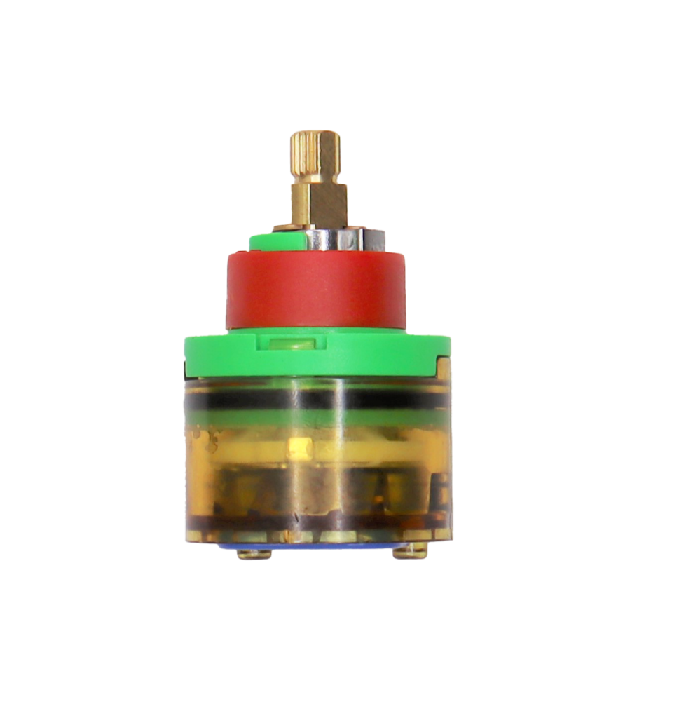 Brass stem with red limit stop with a clear and green body with blue gasket.