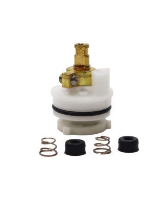 White plastic cartridge with brass stem black oring stainless bottom with black seats and stainless springs.