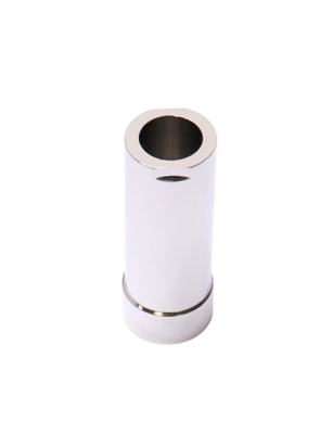 Bright chrome escutcheon sleeve with threads on one end for old style 3 handle delta shower faucets.