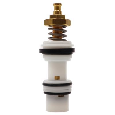 White plastic body with brass stem stainless spring and black rubber o-rings and seal.