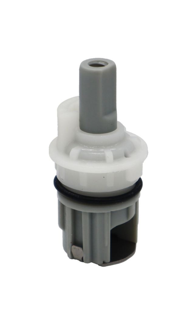 Light grey and white cartridge with black oring and stainless bottom.