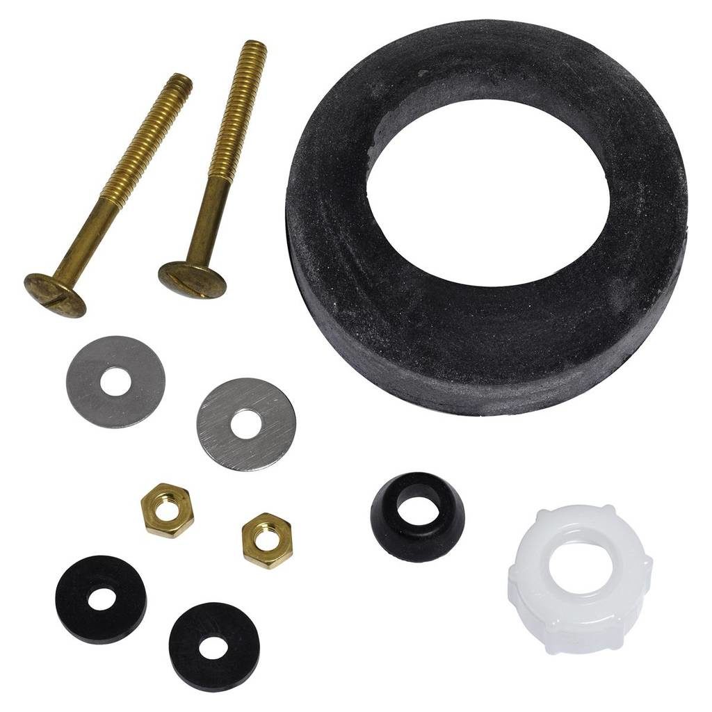 Black foam rubber washer with brass metal and plastic nuts and washers.