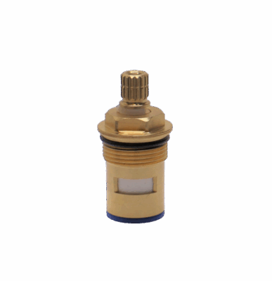 Bright brass cartridge with black oring white ceramic discs and blue bottom seal.