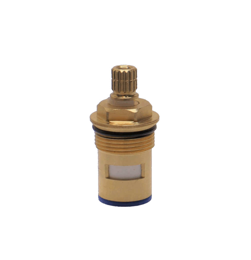 Bright brass cartridge with black oring white ceramic discs and blue bottom seal.