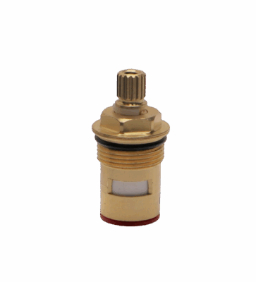 Bright brass cartridge with black oring white ceramic discs and red bottom seal.