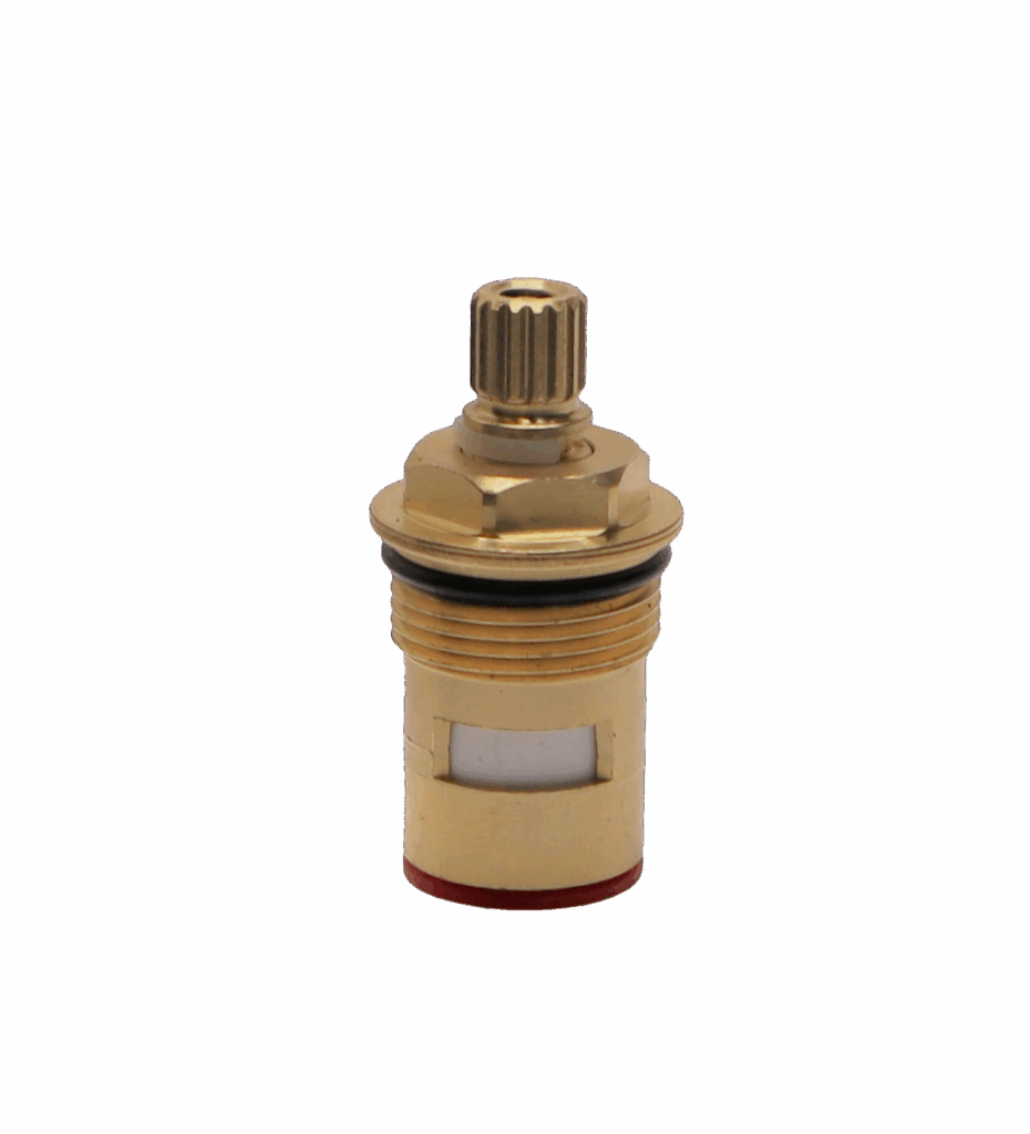 Bright brass cartridge with black oring white ceramic discs and red bottom seal.