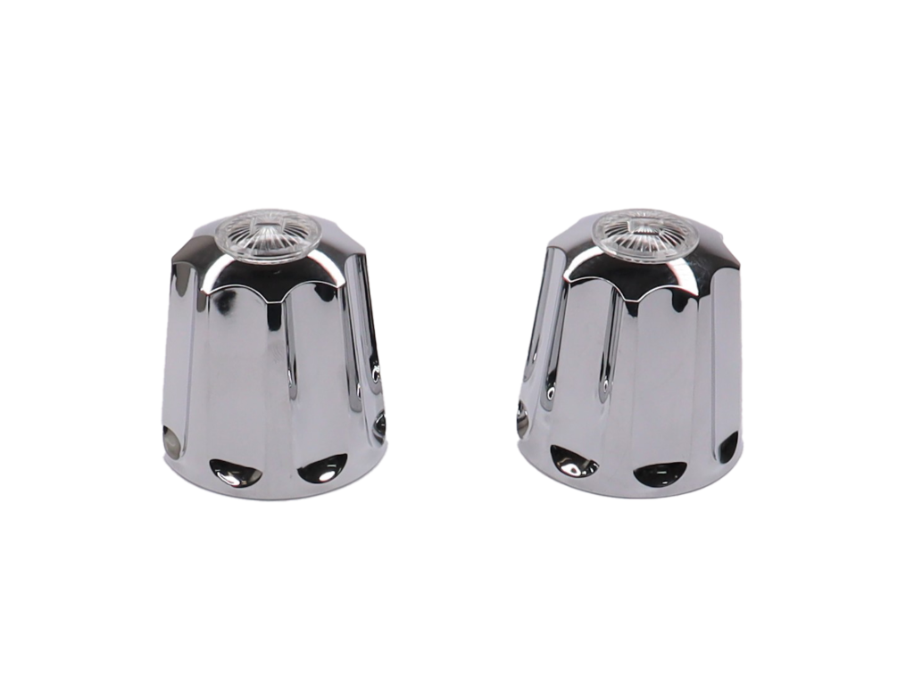 Bright chrome handles with acrylic index buttons.