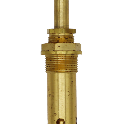 Bright brass stem with white plastic washer black rubber washer and brass screw.