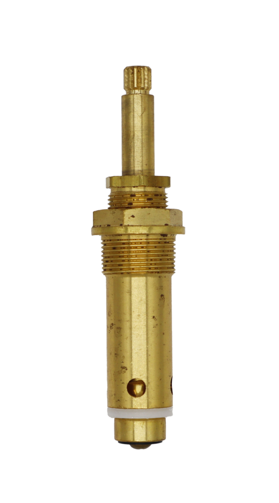 Bright brass stem with white plastic washer black rubber washer and brass screw.