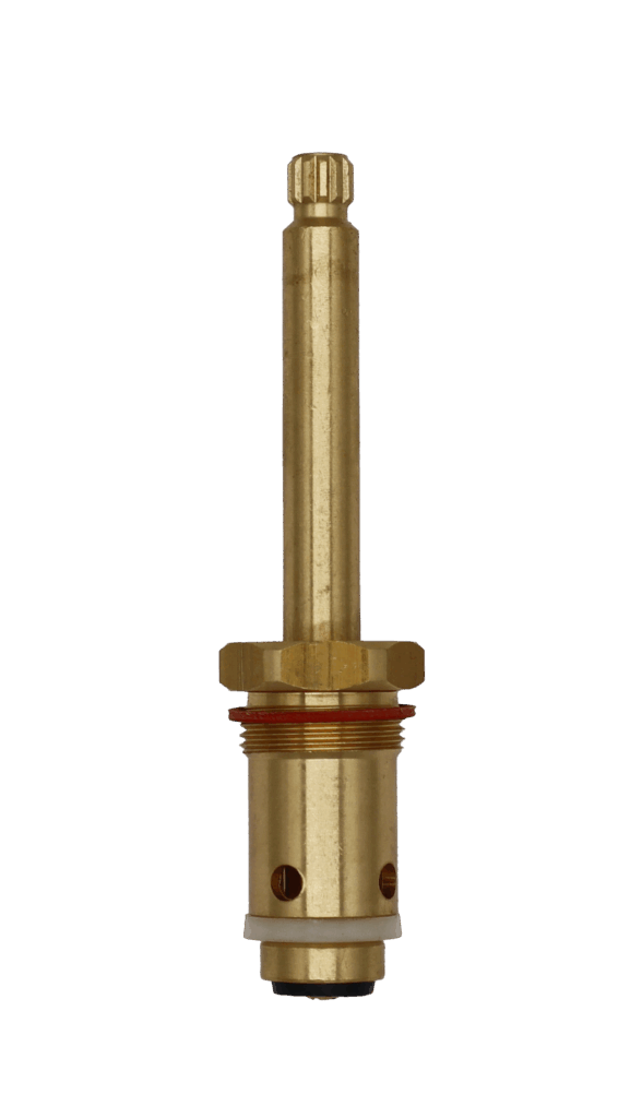 Bright brass stem with red ground joint washer with white plastic diverter washer black bottom washer with brass screw.