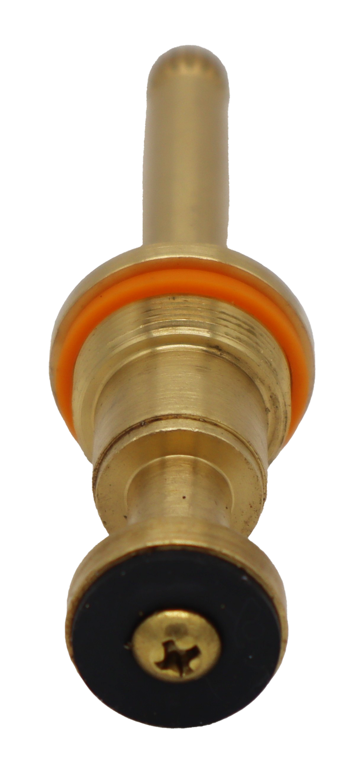 Bright brass stem unit with orange plastic spacer washer black rubber washer and brass screw.