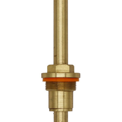 Bright brass stem unit with orange plastic spacer washer black rubber washer and brass screw.