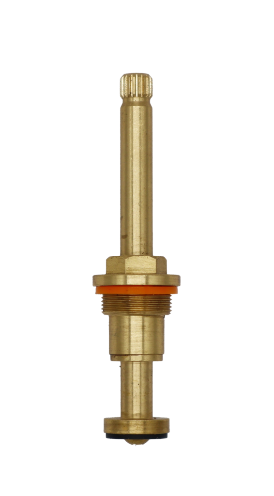 Bright brass stem unit with orange plastic spacer washer black rubber washer and brass screw.