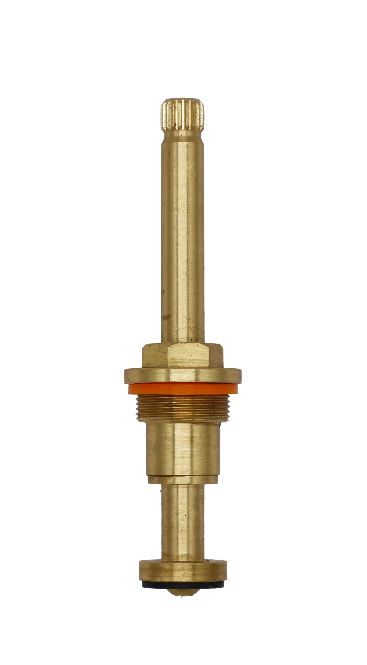 Bright brass stem unit with orange plastic spacer washer black rubber washer and brass screw.