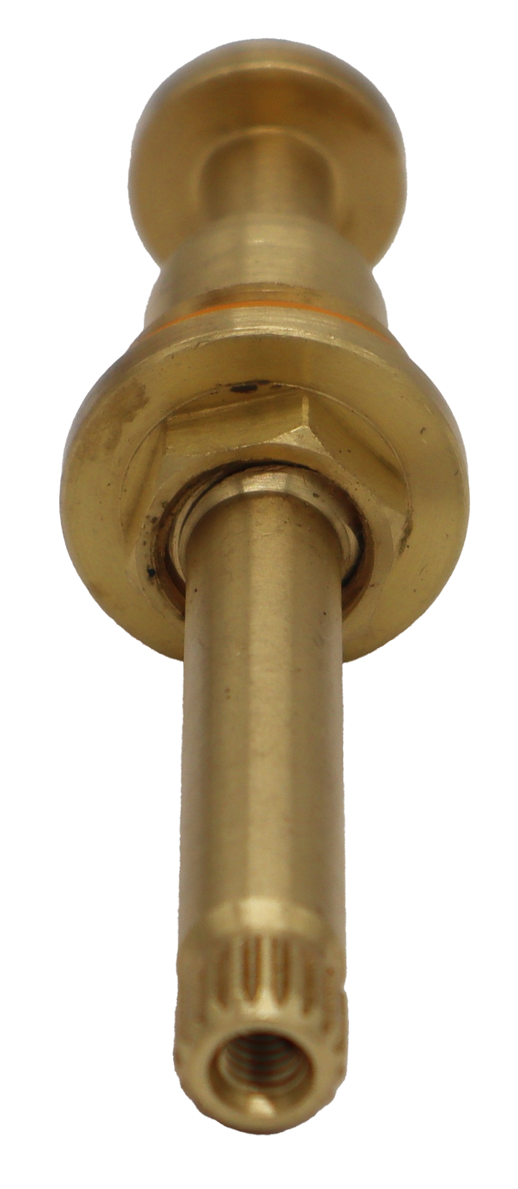 Bright brass stem unit with orange plastic spacer washer black rubber washer and brass screw.