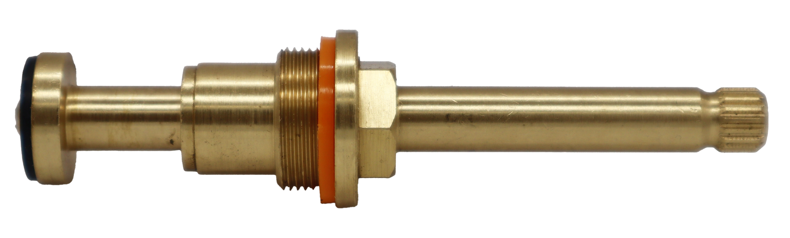 Bright brass stem unit with orange plastic spacer washer black rubber washer and brass screw.