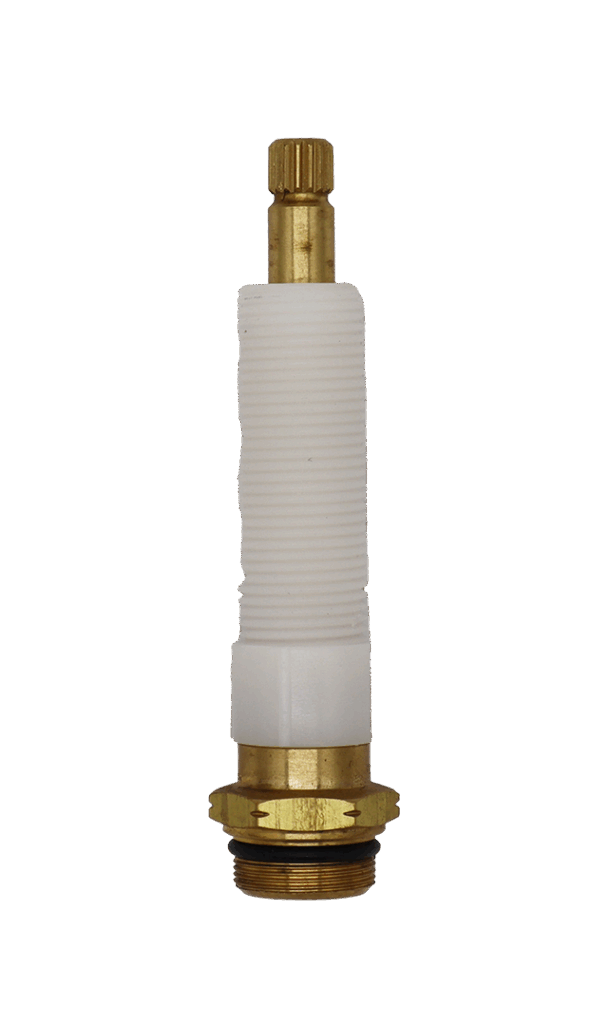 Bright brass stem with white plastic threaded nipple black rubber o-ring and black rubber washer.