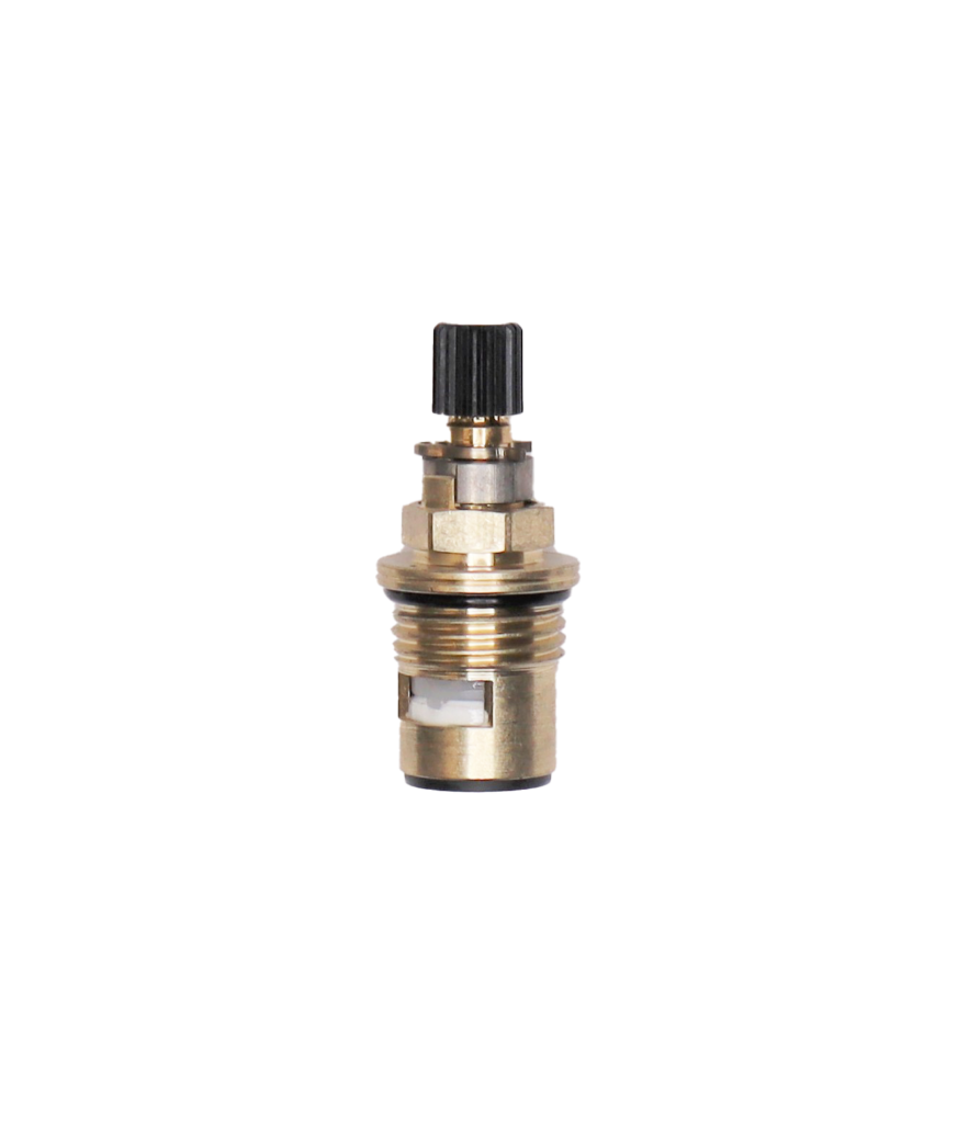 Polished chrome cartridge with black handle adapter black oring white ceramic discs and black bottom washer.