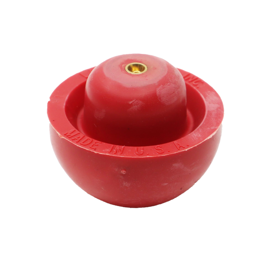 Bright red rubber tank ball with brass threaded connection.
