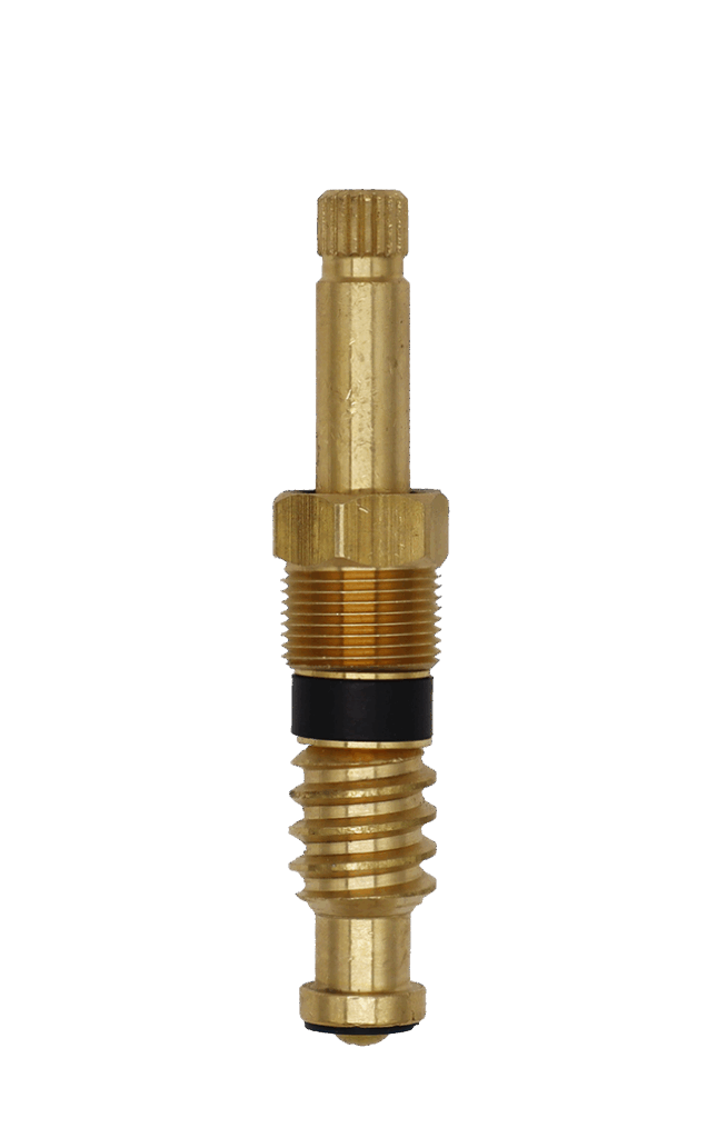 Bright brass stem with brass bonnet nut brass washers and screws and black rubber packing and washer.
