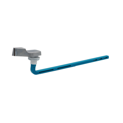 Blue plastic trip lever with white plastic nut and polished chrome lever handle.