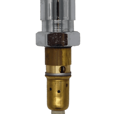 Bright brass body with polished chrome nut and pish button stainless washer white plastic washer and stainless screw.
