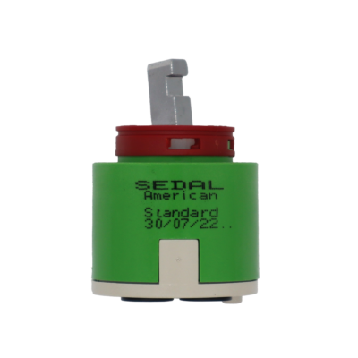 Bright green plastic cartridge with red limit stop metal handle connection with black bottom seals.