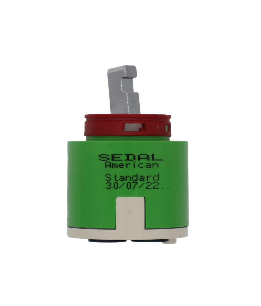 Bright green plastic cartridge with red limit stop metal handle connection with black bottom seals.