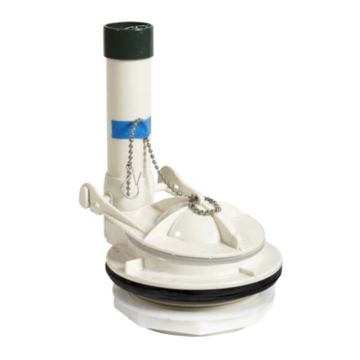 White plastic flush valve with black rubber seal and beaded chain.