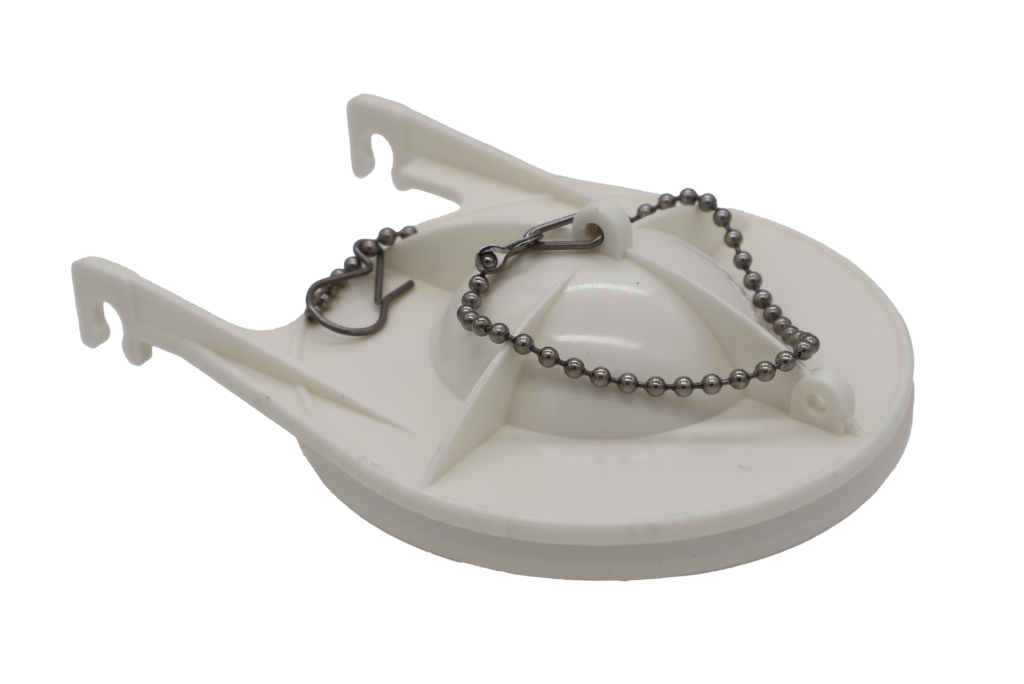 Off white hard plastic flapper with bright white rubber gasket with beaded stainless chain.