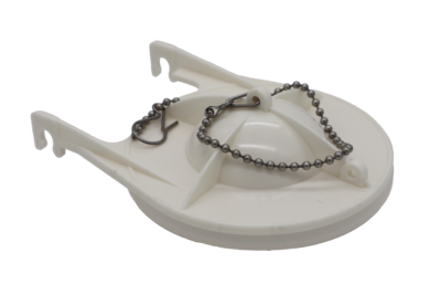 Off white hard plastic flapper with bright white rubber gasket with beaded stainless chain.