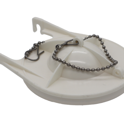 Off white hard plastic flapper with bright white rubber gasket with beaded stainless chain.