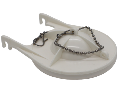 Off white hard plastic flapper with bright white rubber gasket with beaded stainless chain.