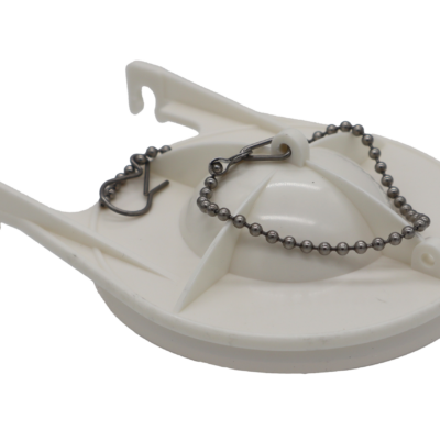 Off white hard plastic flapper with bright white rubber gasket with beaded stainless chain.