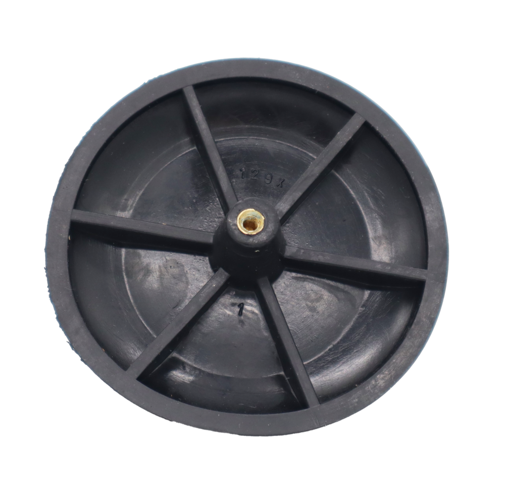 Black rubber disc with bright brass threaded nut.