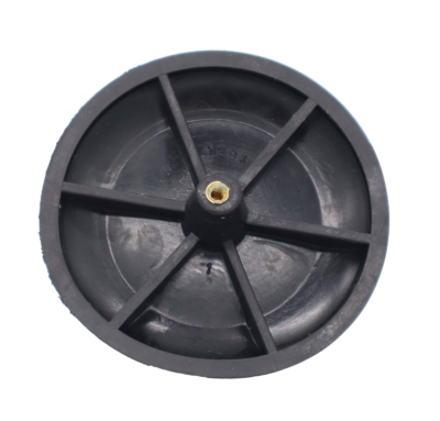 Black rubber disc with bright brass threaded nut.