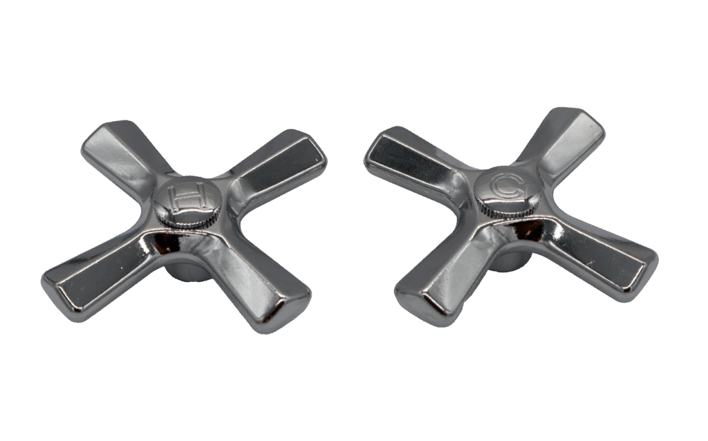 Polished chrome x-cross handles with hot and cold index buttons.