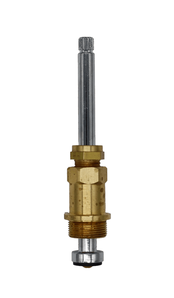 Chrome plated stem with brass body and black rubber washer on the bottom.