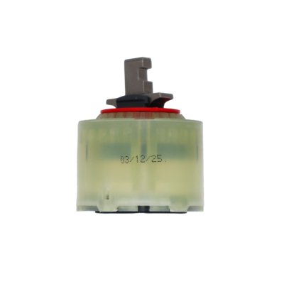 White plastic body with metal spline red limit stop with white ceramic discs and black rubber seals.