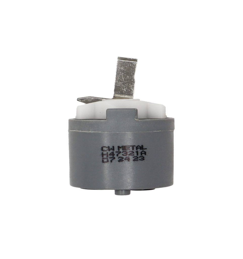 Grey plastic cartrdige with white plastic limit stop square metal handle connection with black bottom seals.