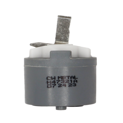 Grey plastic cartrdige with white plastic limit stop square metal handle connection with black bottom seals.