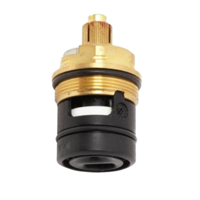 Bright brass cartridge with black rubber oring black plastic bottom black washer and white ceramic discs.