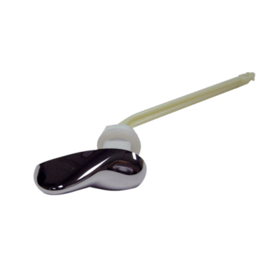 Polished chrome and yellow plastic trip lever with white plastic nut.