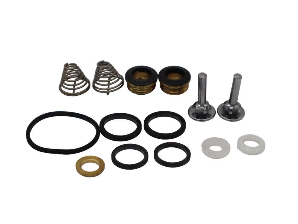 Stainless springs brass seats polished chrome cam shafts black ruber orings and white plastic washer.