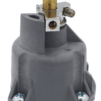 Brass stem with grey plastic body stainless steel limit stop and screws with black rubber o-rings.