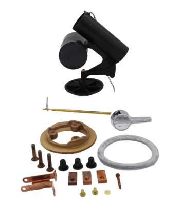 Black plastic actuator unit black rubber disc copper and brass screws brass seat greyy rubber gasket and polished chrome trip lever with brass arm.