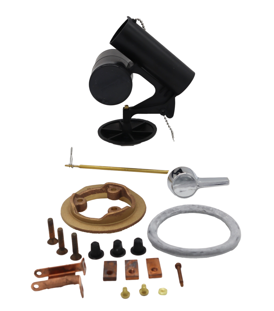 Black plastic actuator unit black rubber disc copper and brass screws brass seat greyy rubber gasket and polished chrome trip lever with brass arm.