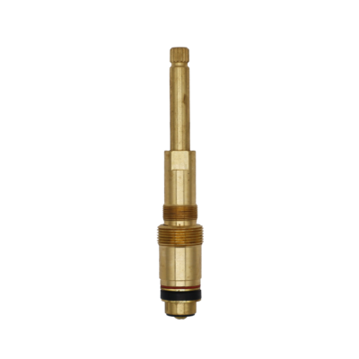 Bright brass stem with black rubber washer red washer and wavy metal washer with brass screw.