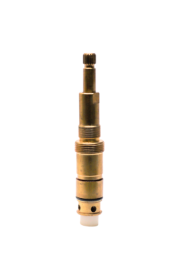Bright brass stem with black rubber o-ring plastic washer and brass screw.