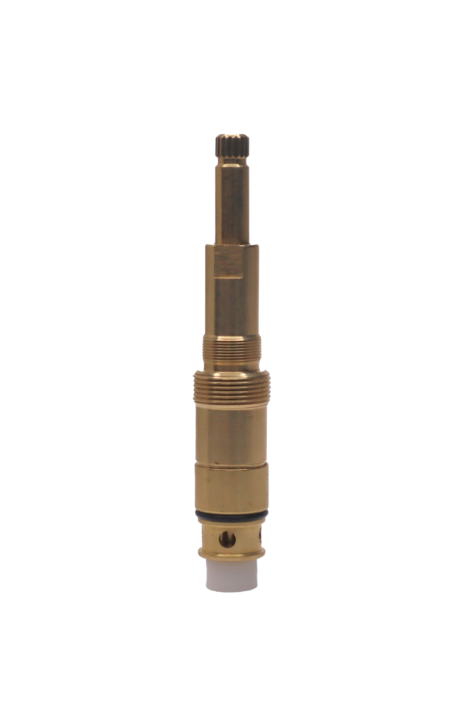 Bright brass stem with black rubber o-ring plastic washer and brass screw.